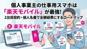 個人事業主の仕事用スマホとして楽天モバイルをおすすめする理由を解説したアイキャッチ画像。イラストでデータ無制限、国内通話無料、テザリング無料、全額経費OKのメリットが描かれている。