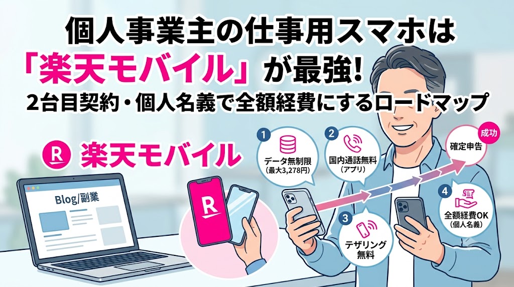 個人事業主の仕事用スマホとして楽天モバイルをおすすめする理由を解説したアイキャッチ画像。イラストでデータ無制限、国内通話無料、テザリング無料、全額経費OKのメリットが描かれている。