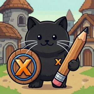 大きな鉛筆を抱える黒猫のキャラクター「ワイさん」のイラスト（ブログ「副業全X」のアイコン）