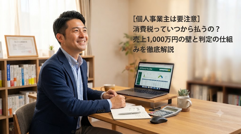 個人事業主の消費税や売上1,000万円の壁について、スケジュールや仕組みを解説するブログ記事のアイキャッチ画像