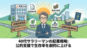 40代サラリーマンが商工会議所と創業補助金という2つの道しるべの前に立ち、公的支援を得て成功へ向かうイラスト。