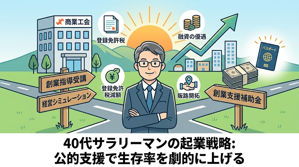 40代サラリーマンが商工会議所と創業補助金という2つの道しるべの前に立ち、公的支援を得て成功へ向かうイラスト。