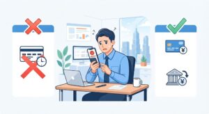楽天モバイルの申し込み画面でデビットカード決済エラー（24回払い）に頭を抱える40代サラリーマンと、解決策としての一括払いや口座振替を示すイラスト。