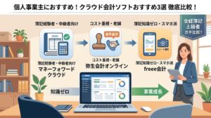 【個人事業主向け】全経簿記上級者がガチ比較！クラウド会計ソフトおすすめ3選（マネーフォワード、弥生、freee）の比較イラスト