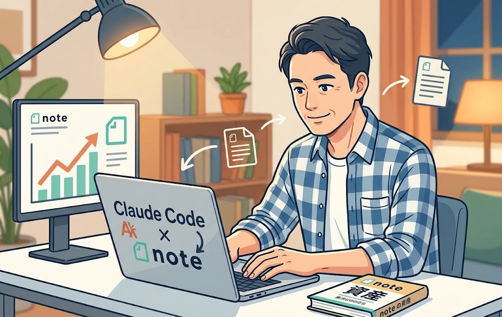 Claude Codeを活用してnote記事自動化・収益化に取り組む40代男性のイラスト