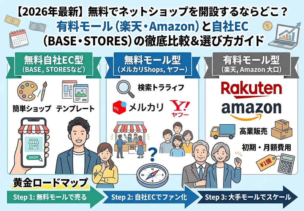 無料自社EC型（BASE, STORES）、無料モール型（メルカリShops, ヤフー）、有料モール型（楽天, Amazon）の3タイプを比較した図解イラスト。メリット・デメリットと選び方のロードマップを提示。