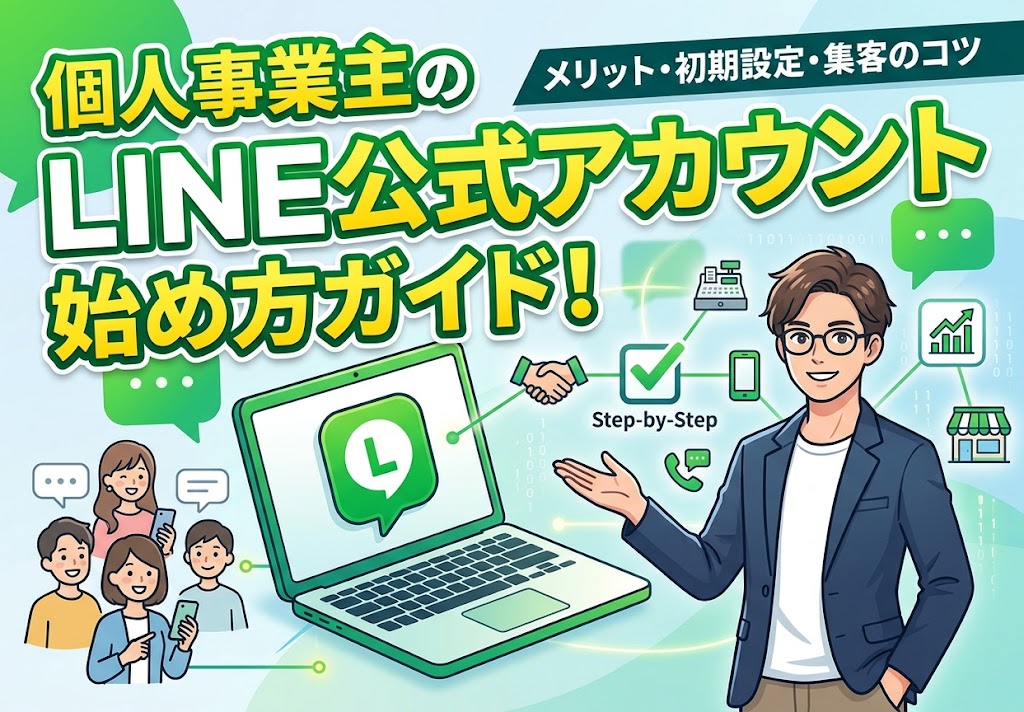 「個人事業主のLINE公式アカウント始め方ガイド！メリット・初期設定・集客のコツを初心者向けに解説」の記事用アイキャッチ画像。笑顔の男性、ノートパソコン、スマホ、ビジネスアイコンが描かれています。