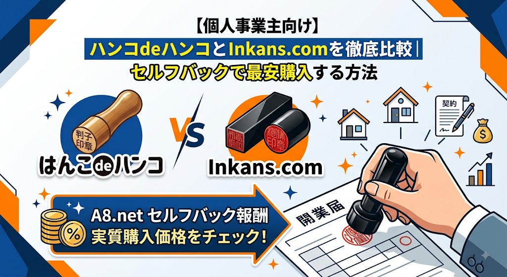 【個人事業主向け】はんこdeハンコとInkans.comの比較アイキャッチ画像。セルフバックで最安購入する方法の解説。