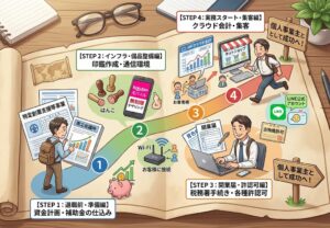 40代からの個人事業主開業準備ロードマップの全体図イラスト（補助金、印鑑・通信、開業届・許認可、クラウド会計・集客の4ステップ）