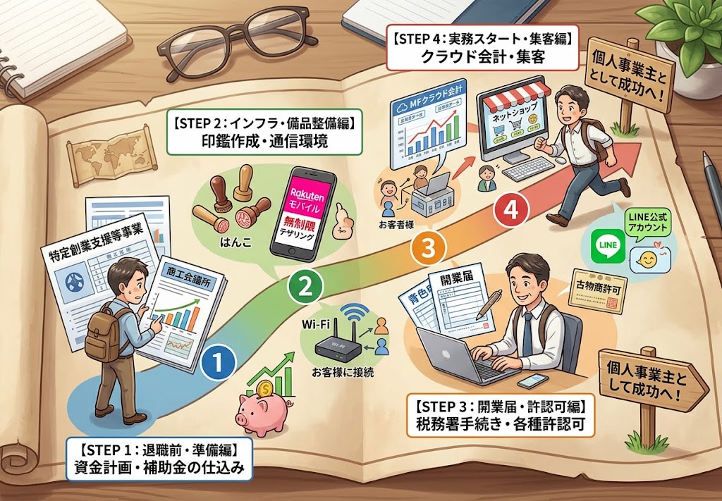 40代からの個人事業主開業準備ロードマップの全体図イラスト（補助金、印鑑・通信、開業届・許認可、クラウド会計・集客の4ステップ）