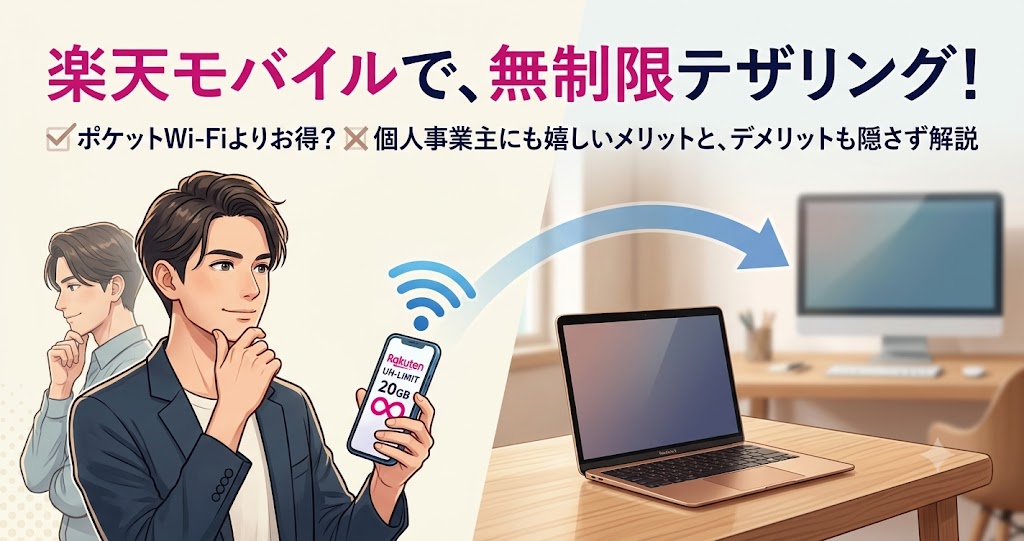 楽天モバイルの無制限テザリングとポケットWi-Fiの比較・個人事業主へのメリットを解説したアイキャッチ画像
