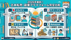 2026年最新の古本転売・副業プラットフォーム比較画像。メルカリ、ヤフーフリマ、ヤフオク!、Amazonの4サイトの特徴と強みを、本のタイプや販売スタイルに合わせて比較しています。