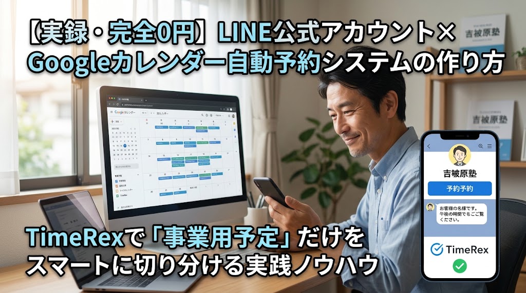 LINE公式アカウントとGoogleカレンダーを連携し、TimeRexを経由して「事業用予定」だけを自動予約するシステムの実録構築ガイド。